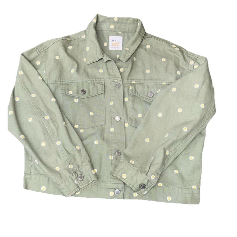 Cali 1850 Button Denim Jean Jacket Light Green Daisy Floral Print Women's XL - Picture 4 of 7